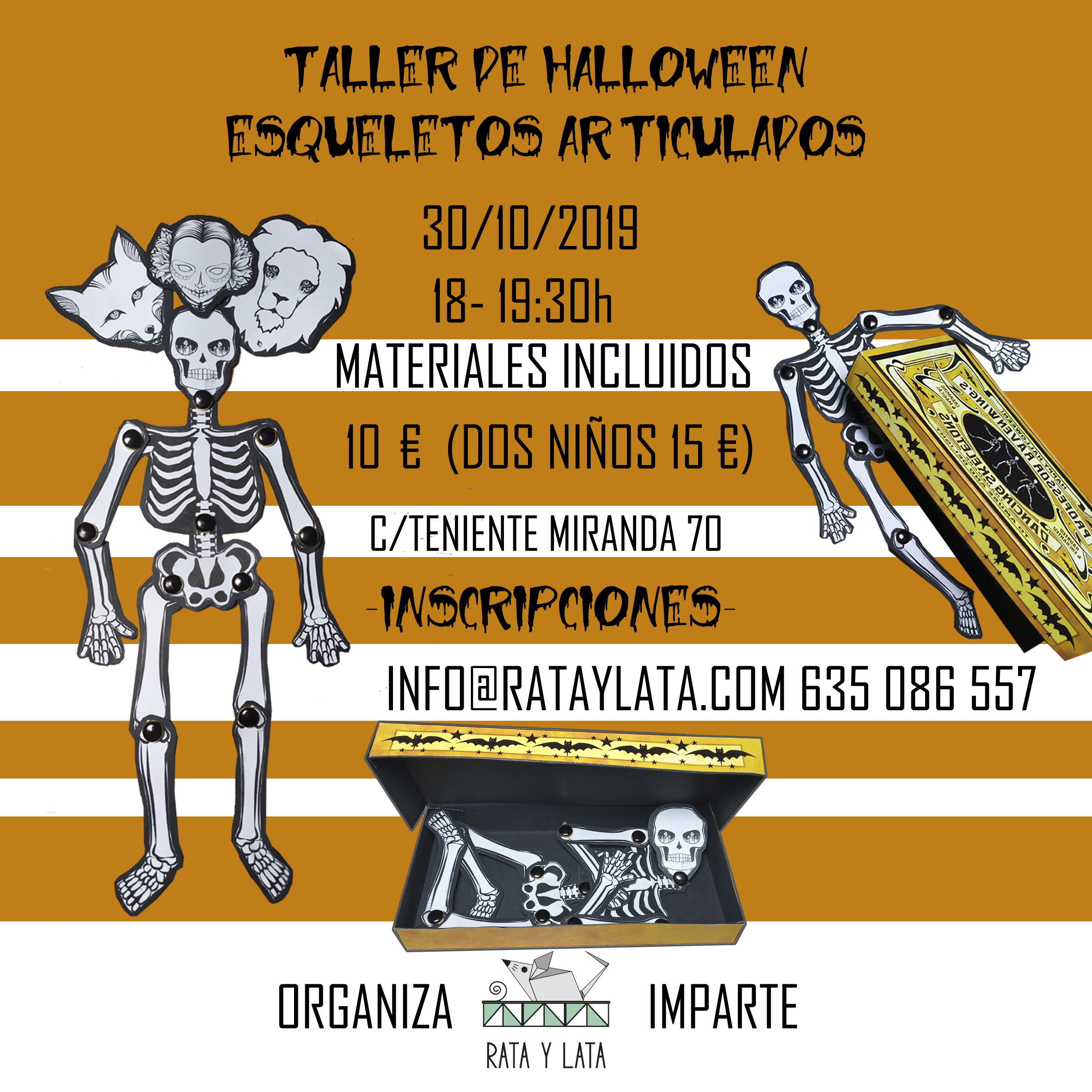 Cartel del taller infantil de halloween de esqueletos articulados en el centro de algeciras